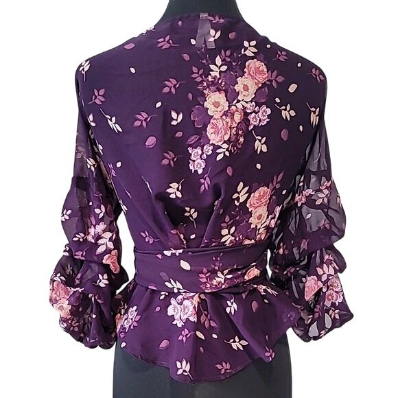 Purple Pink Floral V-Neck Wrap Blouse L Semi-Sheer Cropped Festival EUC - Picture 3 of 7